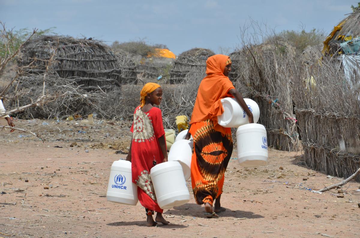 Des membres de la communautés hôte au Kenya rentrent avec des jerrycans lors d'une période de sécheresse en 2015. © UNHCR